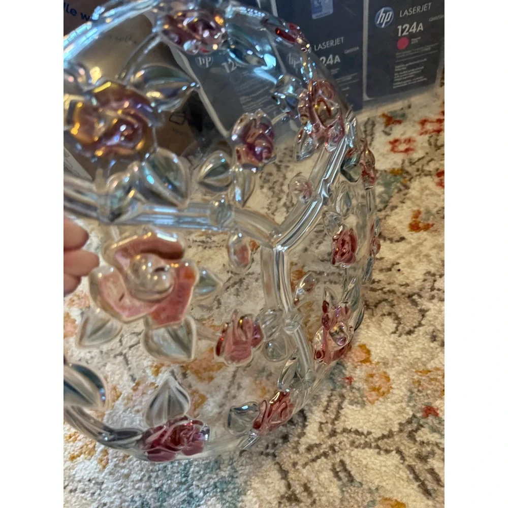 Vintage Style Pink Embossed Rose Iridescent Glass 3 Section Divided Serving Tray